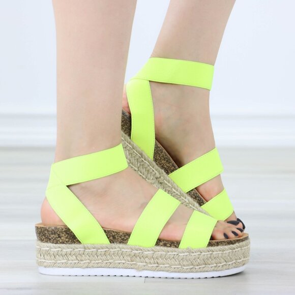 Neon Yellow Elastic Strappy Sandals Espadrille Platform Heel - Picture 1 of 14